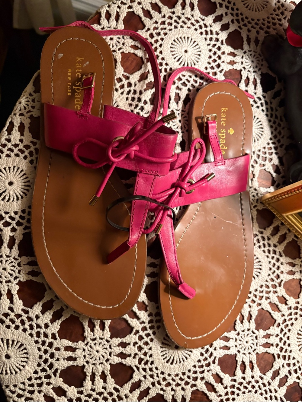 kate spade Hot Pink Leather Flat Sandals with Lace Accents